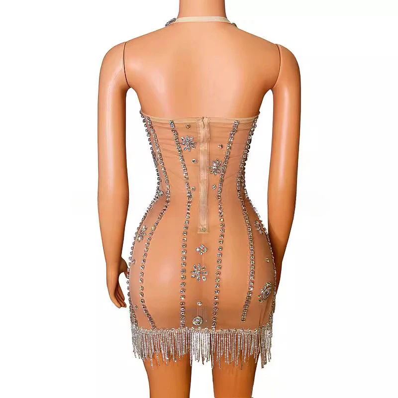 Sexy Glamour Hosenträger Strass Quaste Durchscheinende Diamant Kleid Club Party Luxus Damen Kleid Party Kleider für Frauen 2023