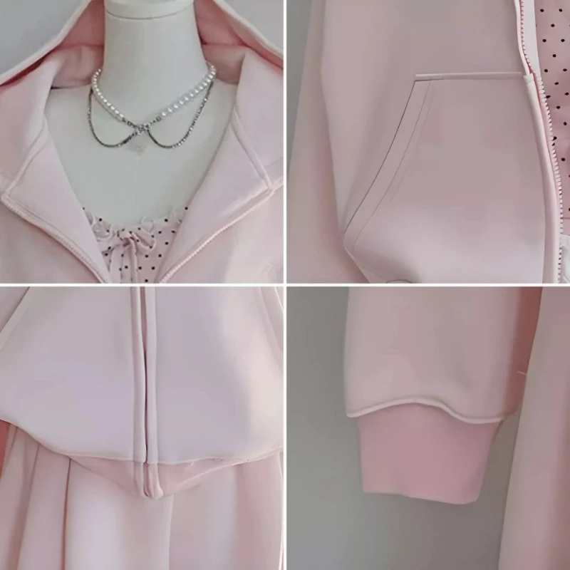 Women Korean Pink Hooded Cardigan Sweatshirt Polka Dot Sling Vest Lace Wide-leg Pants Casual Three-piece Suit Female Autumn New view 6