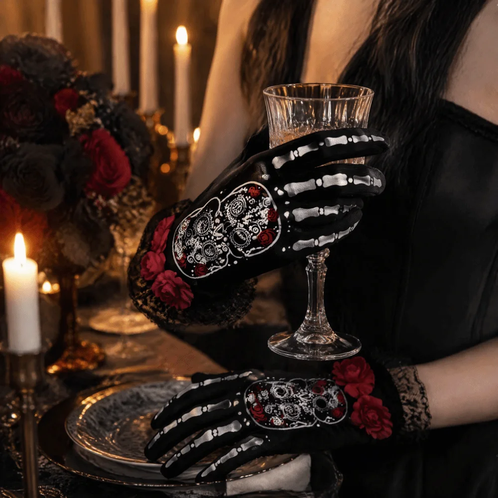 Punk Rose Flower Design Lace Mesh Mittens Winter Warm Punk Style Halloween Cosplay Gloves Luminous Halloween Gloves Party Dress