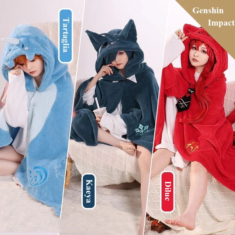 Game Genshin Impact Kaeya Diluc Tartaglia Cosplay Anime Costume Flannel Hooded Air Conditioning Blanket Halloween Cloak Cape