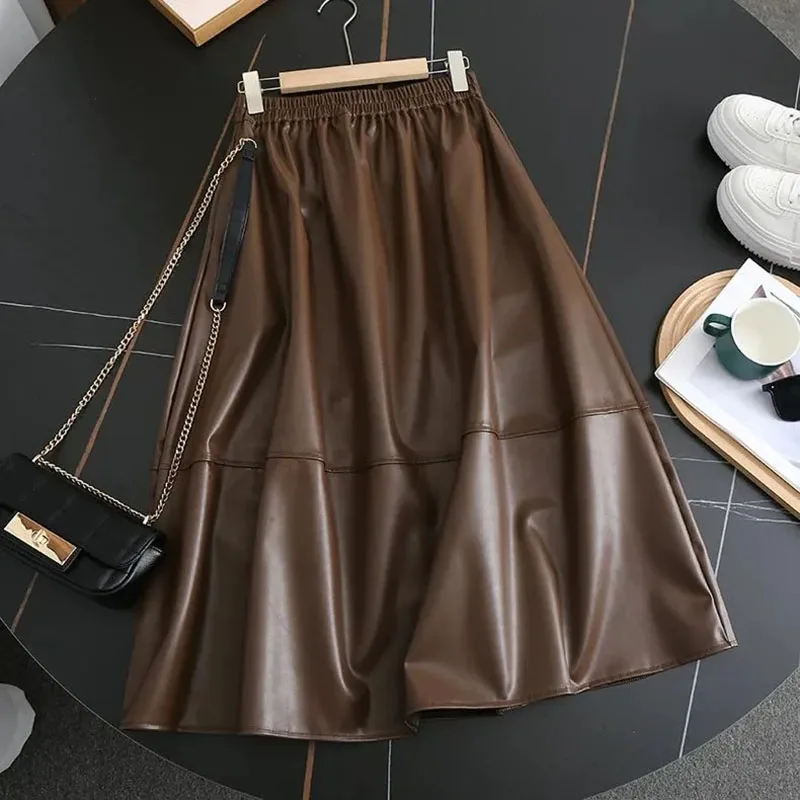 

Elegant A Line Pu Skirt Women High Waist Retro Midi Skirt Korean Preppy Style All Match Female Spring Sweet Skirt New