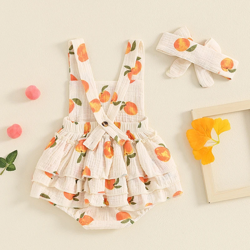 Baby Girls Summer Romper Peach Print Sleeveless Suspender Square Neck Side Tiered Ruffled Jumpsuit with Bow Headband