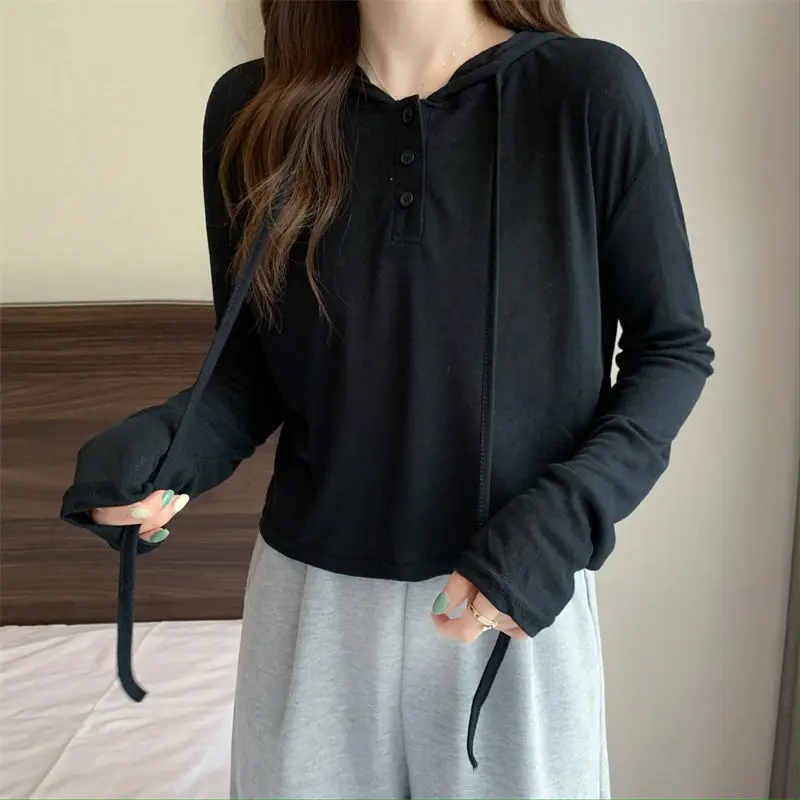 Ice Silk Hooded Button Sunscreen Shirt Long-sleeved T-shirt for Women in Summer Design Loose Thin Top for Women