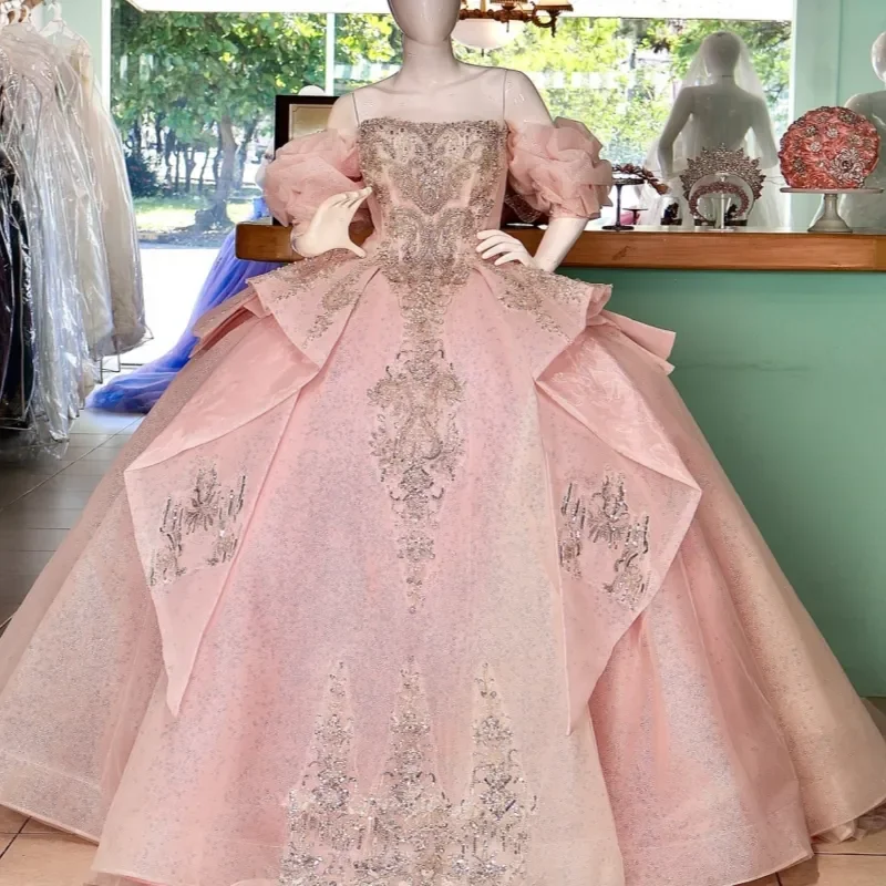 

Pink Quinceanera Dresses Off The Shoulder Sequin Applique Lace Beading Crystal Bow Tull Party Birthday Sweet 16 Vestidos 15 De