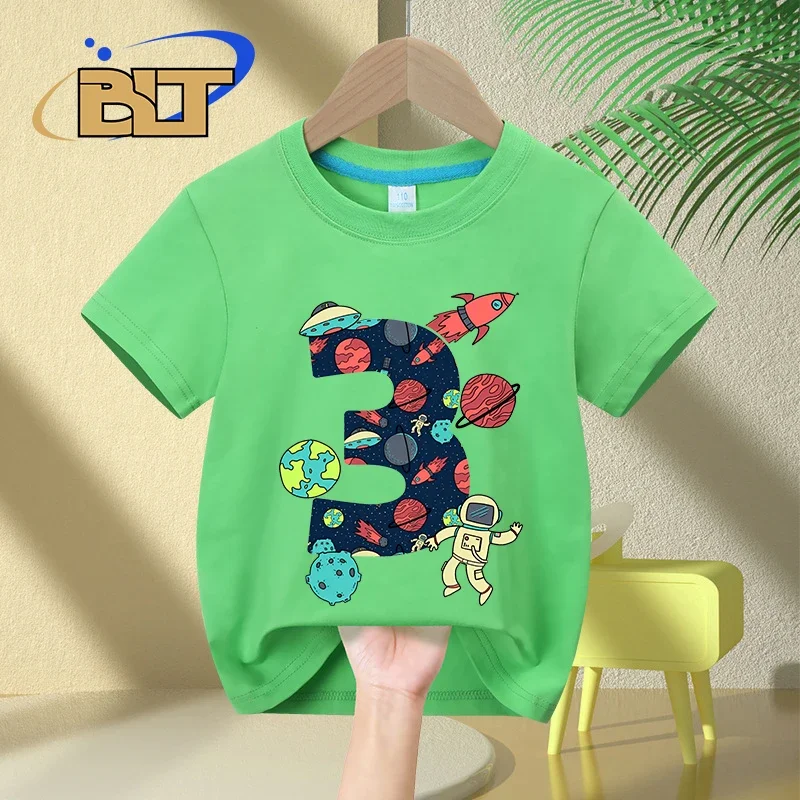 Camiseta infantil de algodão de manga curta, espacial e astronauta, 3 ° presente de aniversário, criança de 3 anos