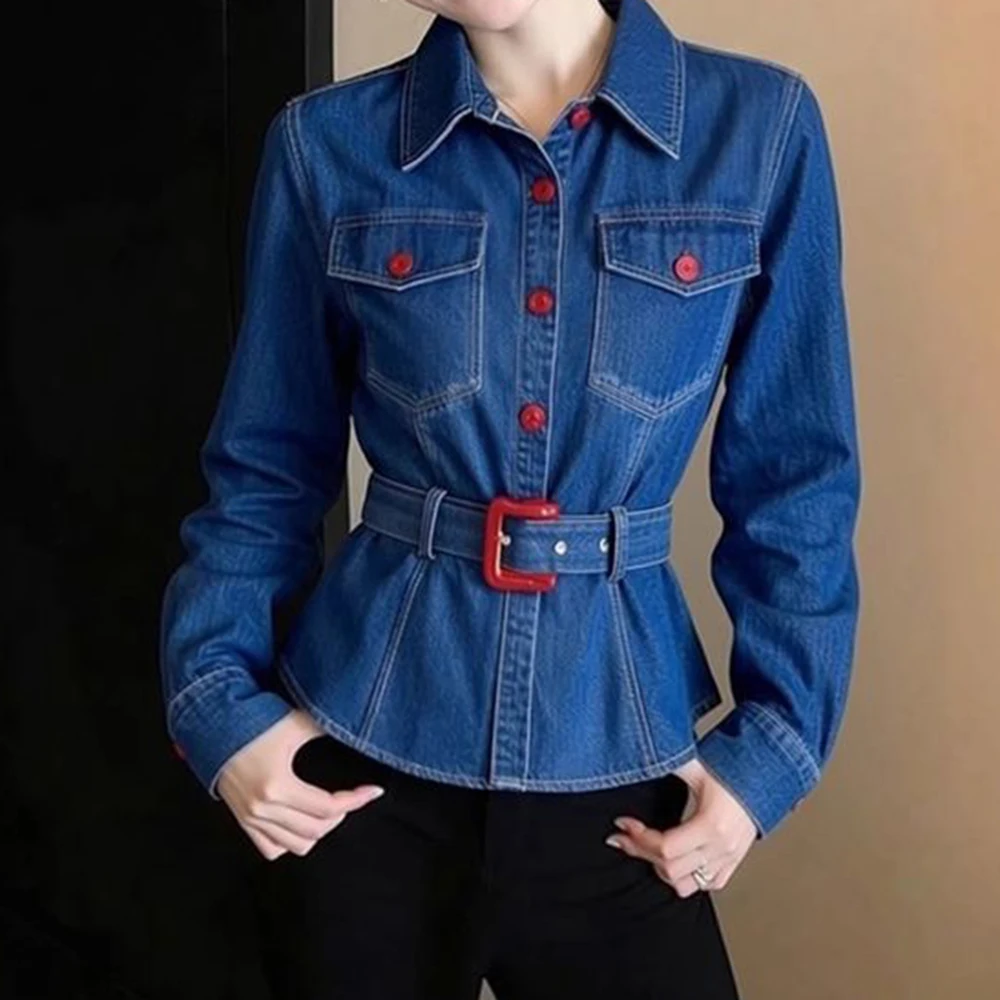 

Blue denim top 2026 winter high-end sense beautiful huge good-looking important occasion temperament waist shirt