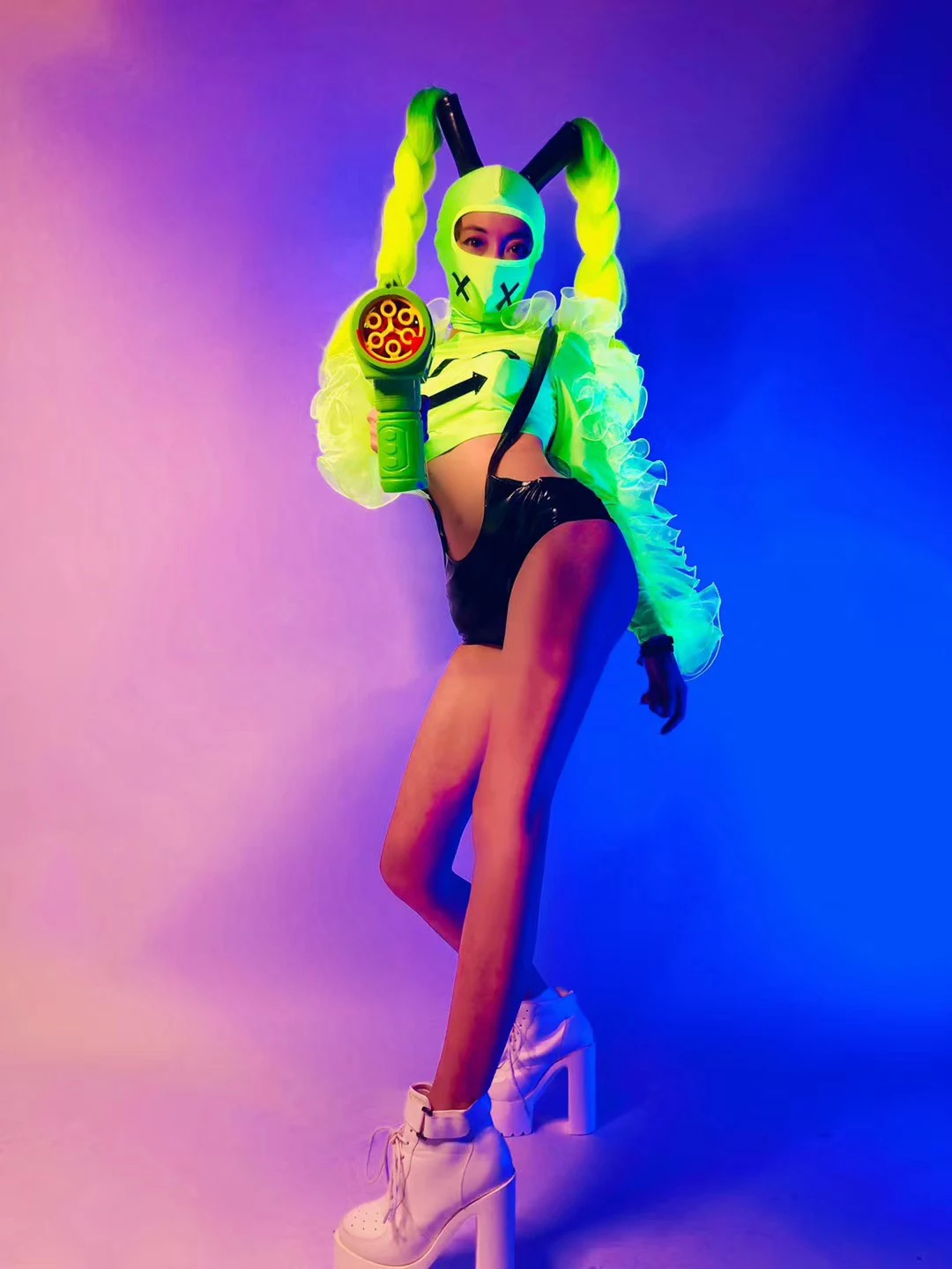 Fluorescent Green Puff Sleeves Tops Pants Bar Women Gogo Dancer Dj Stage Costumes Party Performance Outfit Rave Clothes