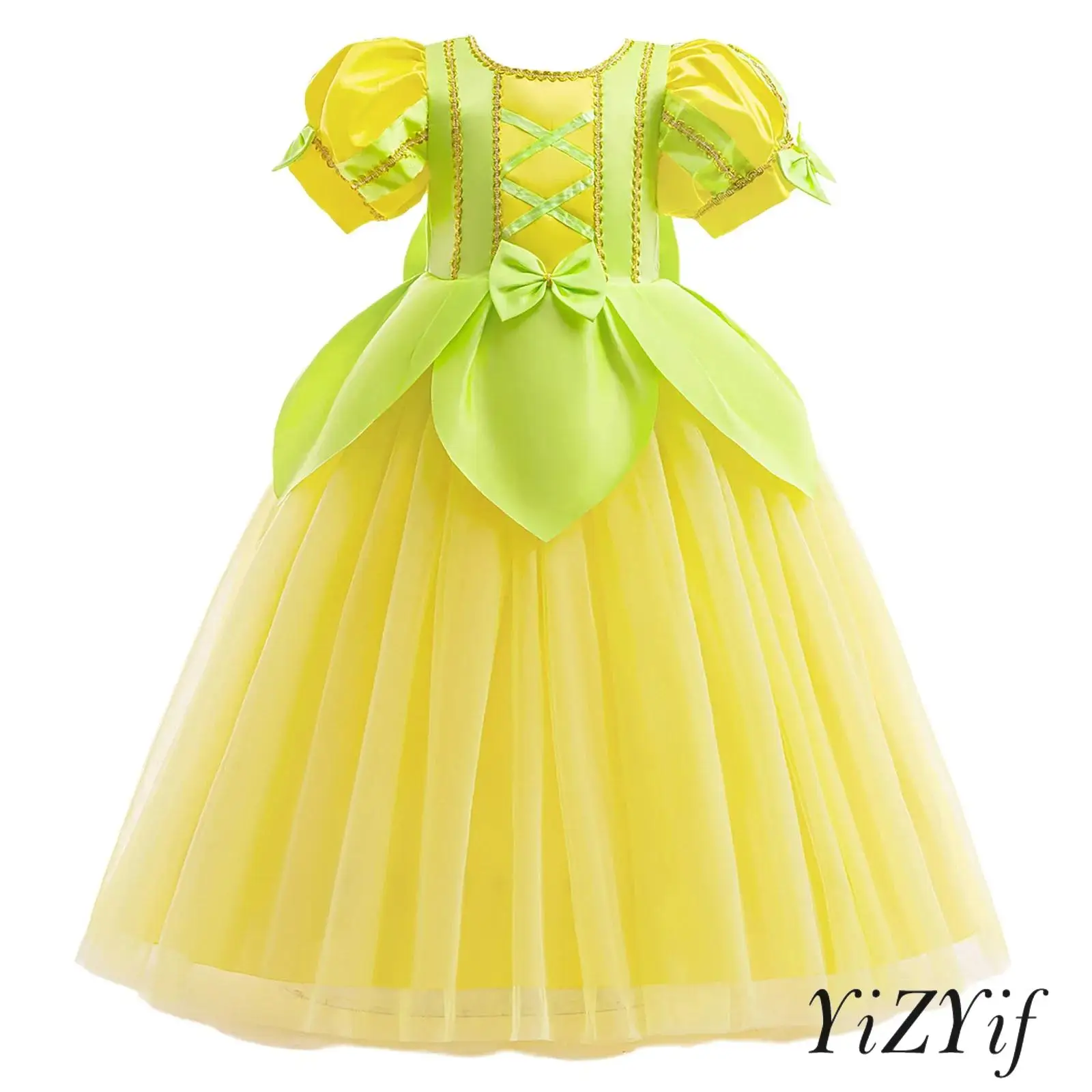 

Kids Girls Fairy Halloween Costume Contrast Color Round Neck Puffy Sleeve Adorned with Golden Braided Tape Bow Ruffled Dress