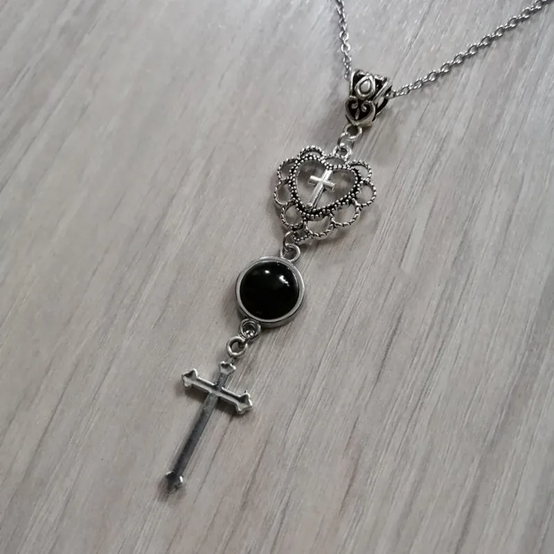 Cross Heart Necklace, Gothic jewelry, Vintage, black agate, Death Cross, Hollow Heart, Witchcraft accessories, For Women，Gift