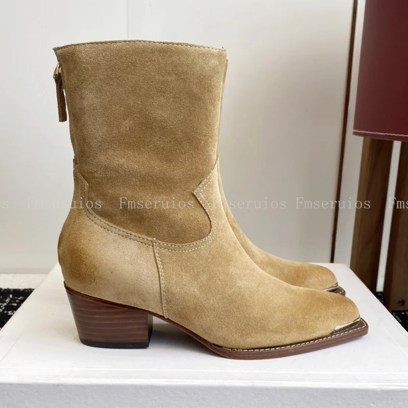 

Модные женские ботильоны с острым носком, короткие ботинки на массивном каблуке, замшевые кожаные ботинки на молнии, элегантный лаконичный дизайн, качественные ботинки в стиле вестерн