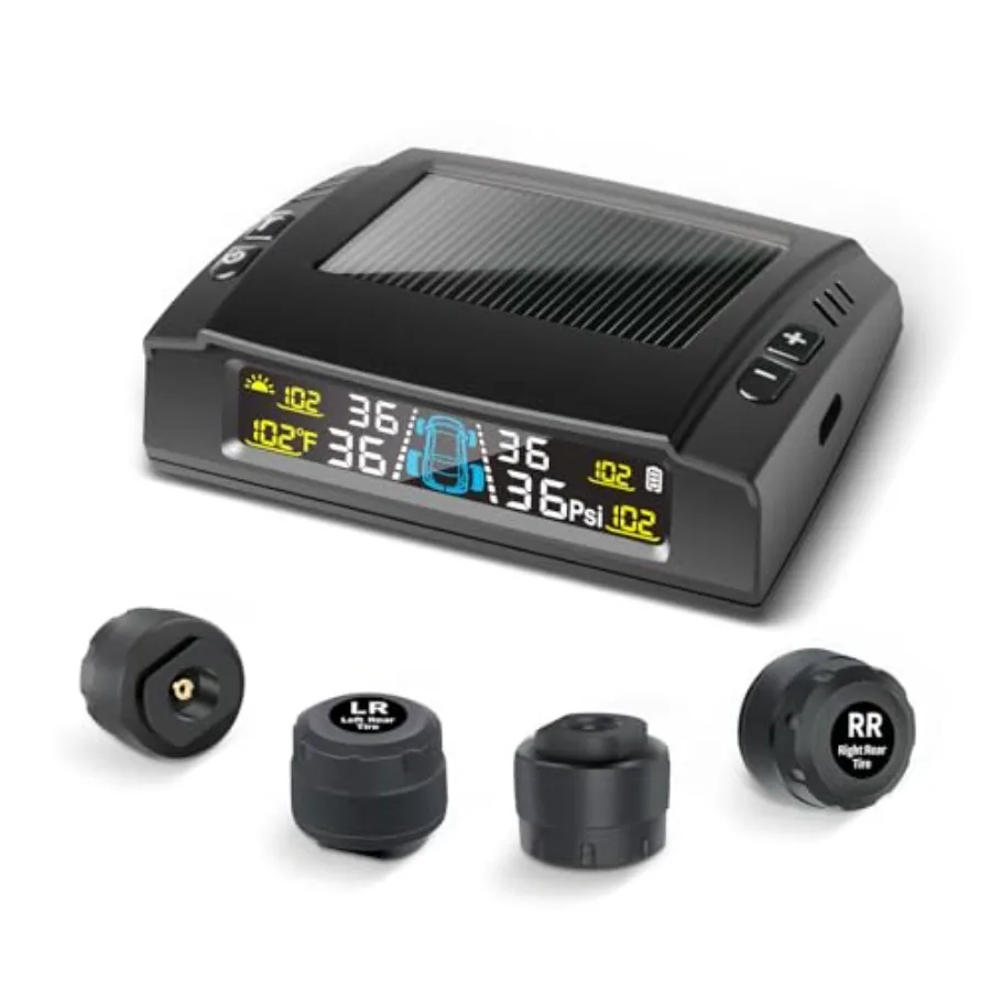 

RV Tire Pressure Monitoring System M23 Tire Pressure Monitor with Solar Charge and Auto Calibration TPMS with 4 Sensors and 6 A