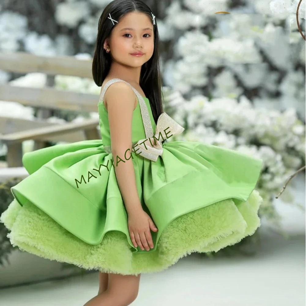 

Christmas Flower Girl Dress Puff Sleeves Round Neck Applique Feathers Ball Birthday Pink Party Gown First Communon Dresses