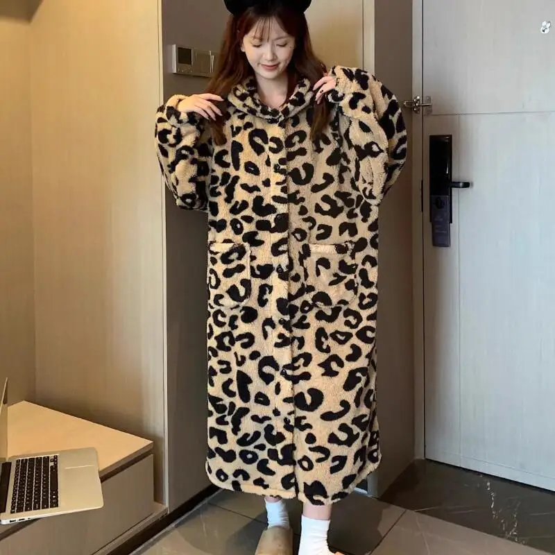 

Женские пижамы из кораллового флиса для девочек, длинная ночная рубашка с леопардовым принтом и капюшоном, одежда для отдыха, осенне-зимняя флисовая домашняя одежда, верхняя одежда