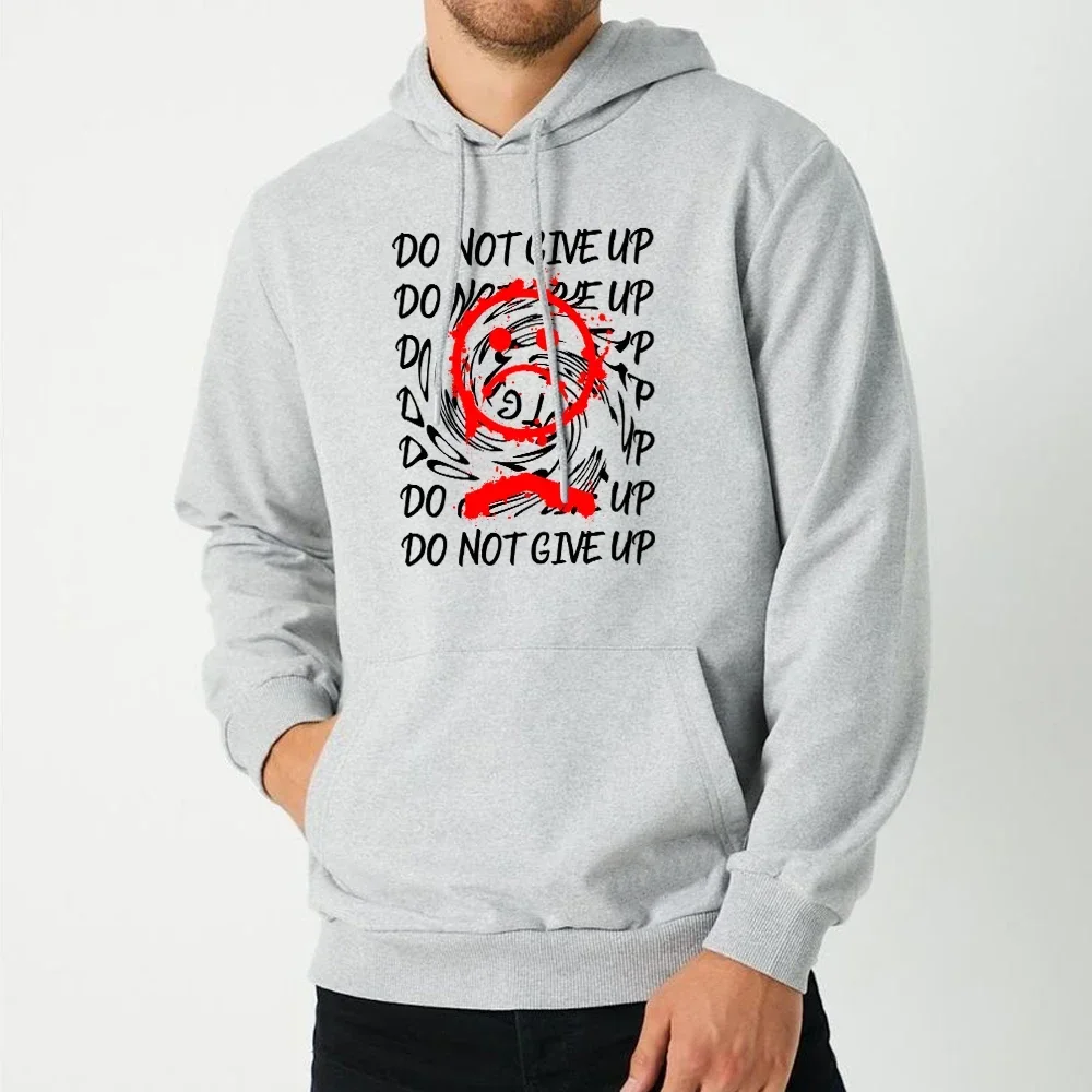 Do Not Give Up Sad Face Printed Hoodies Creative Graphic Mens Clothing Plush Pullover Casual Sweatshirt Warm Loose Hoodie