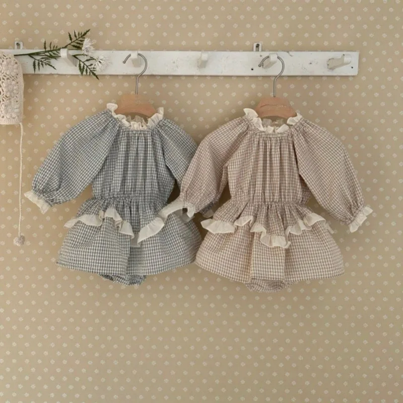 

Baby Girl Children's Plaid Dress 2026 Spring and Autumn New Sweet Lace Striped Korean Version Kids Rompers Dress