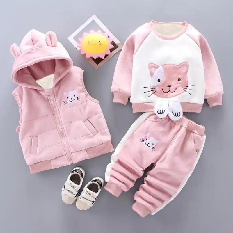 Children's Autumn Winter Warm Three Piece Set Cartoon Bear Plush Coat Hooded Vest Pants Baby Boys Girls Clothing Ensemble