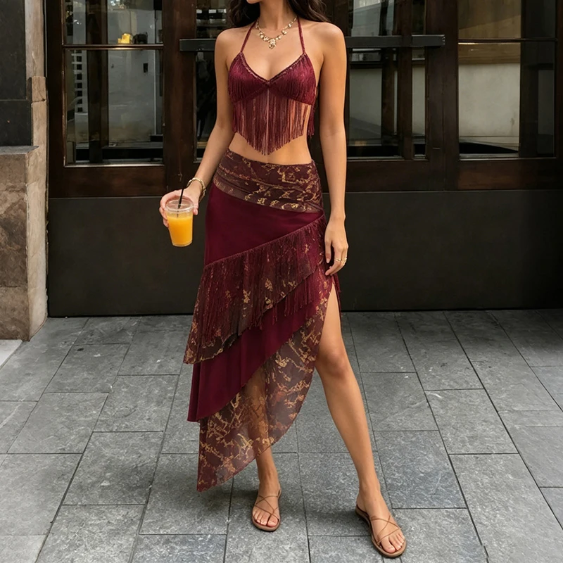 

Sexy V-neck Sleeveless Tassel Halter Vest&Half Skirts Sets Hawaii Vacation Solid Color Slim Outfits Elegant Cocktail Party Sets