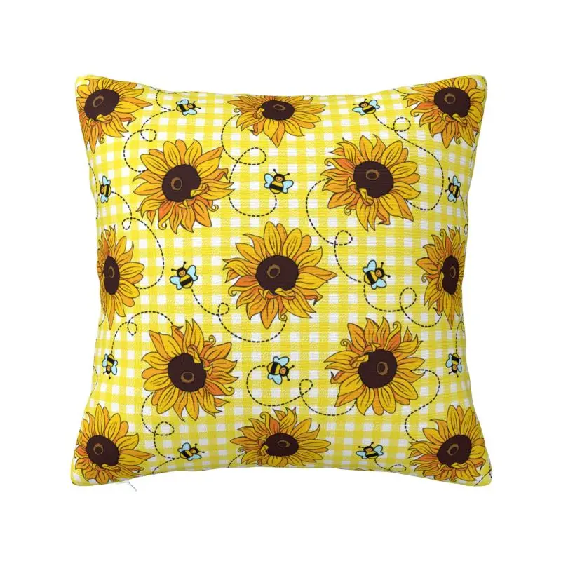 Cute Bees And Sunflowers Cushion Cover 60x60 cm Polyester Velvet Throw Pillow Case For Sofa Car Seat Home Decoration Pillowslip