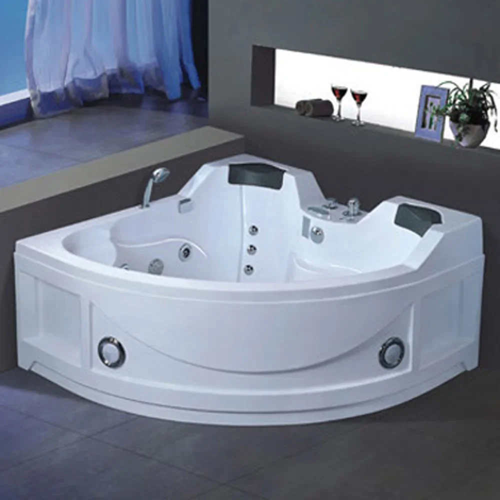 2 People massage bathroom spa LED lit corner bath tub 2 pillow triangle bathtub with shower