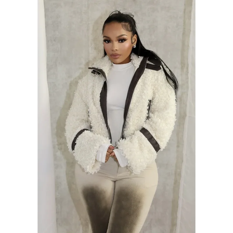 2025 الخريف الشتاء خمر الفراء المرقعة بولي Leather الجلود معاطف قصيرة النساء رفض طوق كم كامل سليم عادية تنوعا سترة