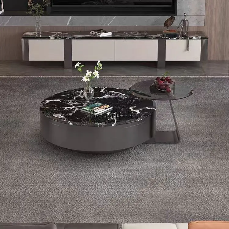 

Italian light luxury natural marble platinum diamond round coffee table glass edge table combination