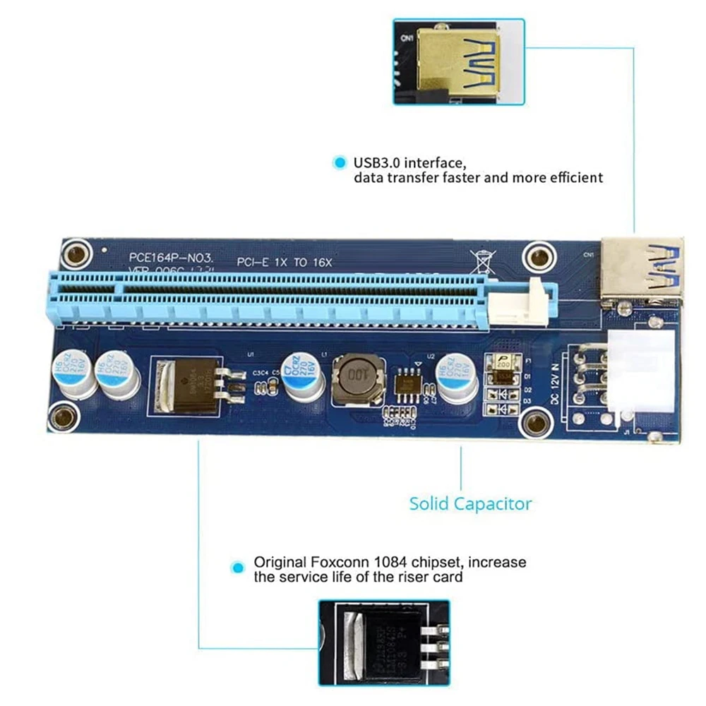QWE-2Pcs PCI-E 1X To 16X Mining Machine Enhanced Extender Riser Adapter With USB 3.0 & 6Pin Power Cable