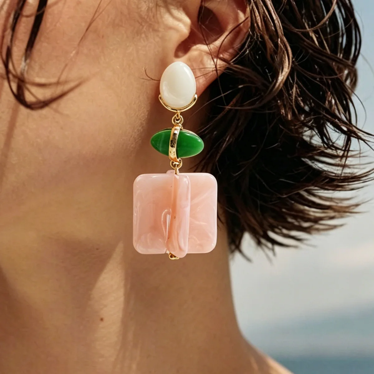 Geometric Color Block Drop Earrings Pastel Pink Green Square Oval Pendant Retro Statement Aesthetic Earring Jewelry
