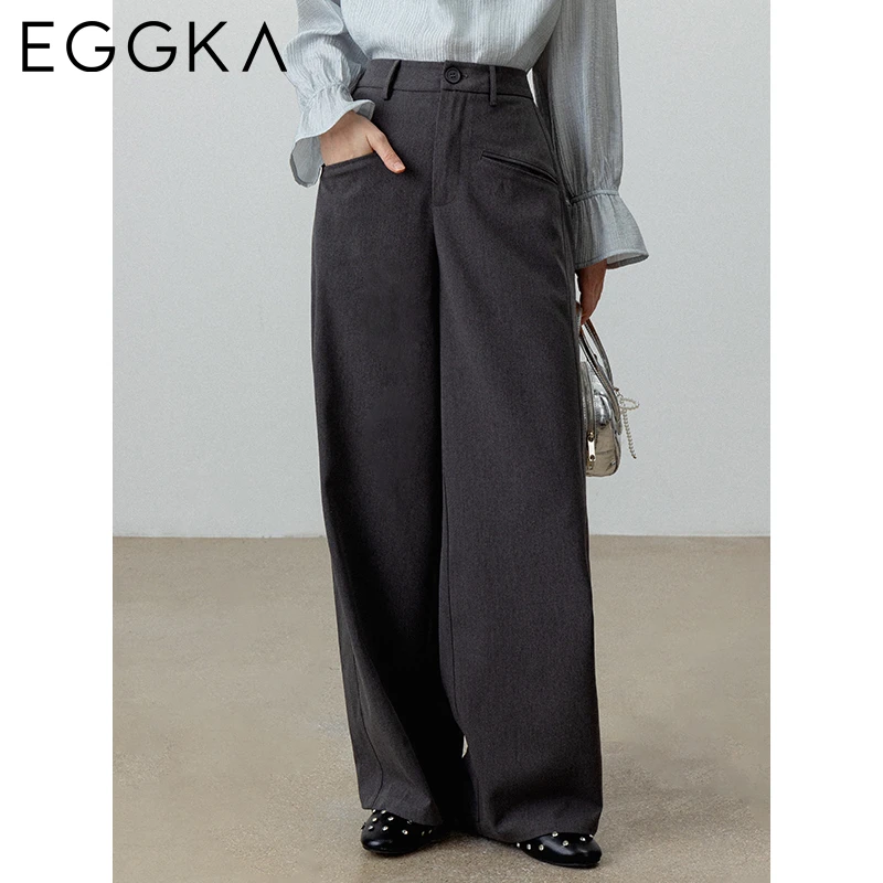 EGGKA Bow Print High Waist Straight Pants Autumn Solid Casual Pant Women\'s Korean Fashion Loose Gray Long Trousers with Pockets