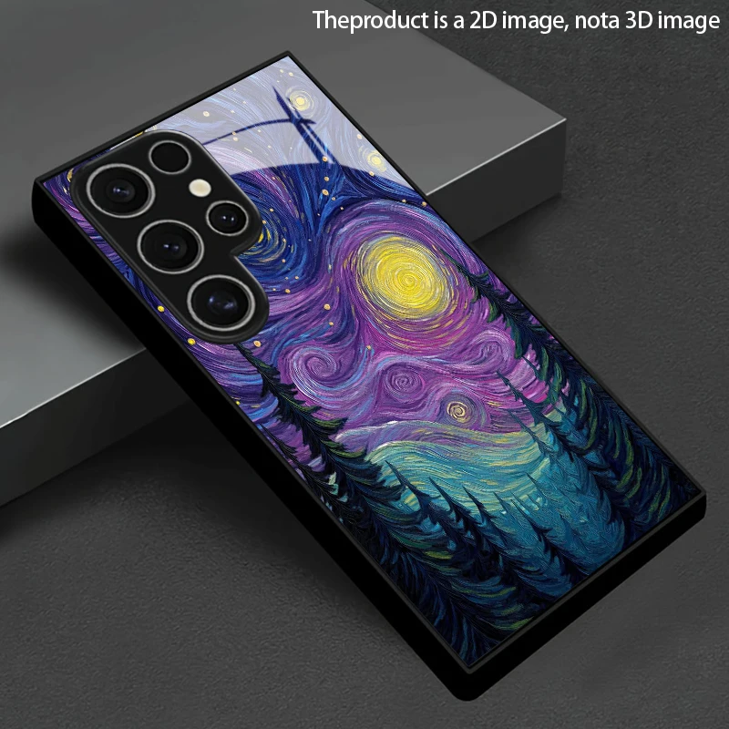 2D Night Sky Forest Pattern Mobile Phone Case for Samsung S26 S25 S24 S23 S22 S21 S20 A56 A36 A16 - Glass Protective Cover