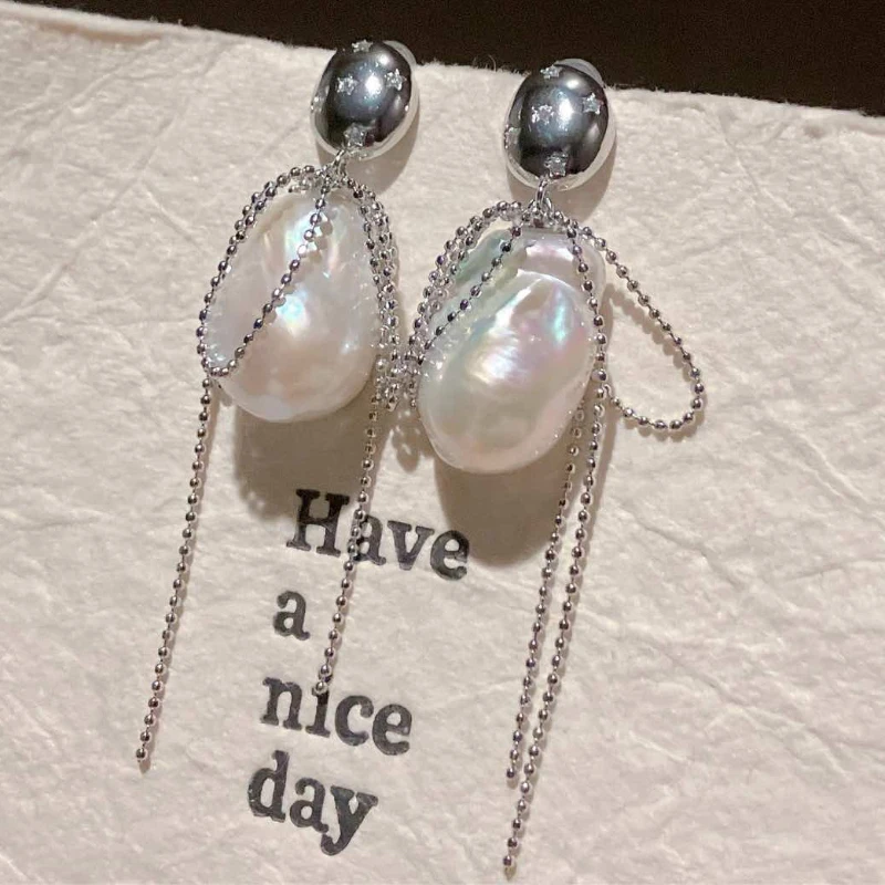 Mareora Natural fresh water Baroque pearl tassel earrings 925 sterling silver earrings irregular shaped pearl earrings EPA