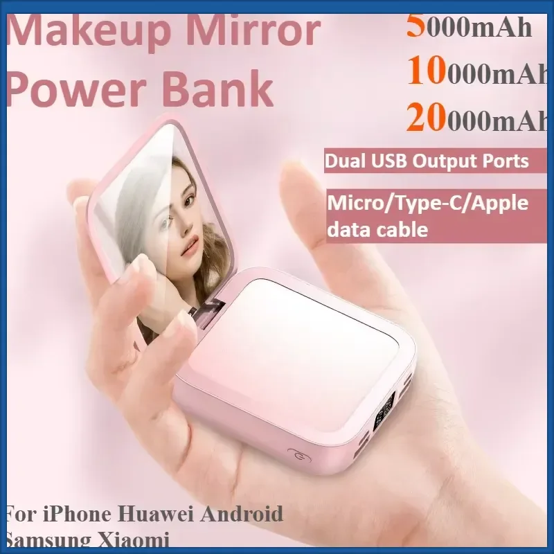 Makeup Mirror Power Bank 20000mAh Fast Charging Built-in Detachable Cables Portable Charger External Battery for IPhone