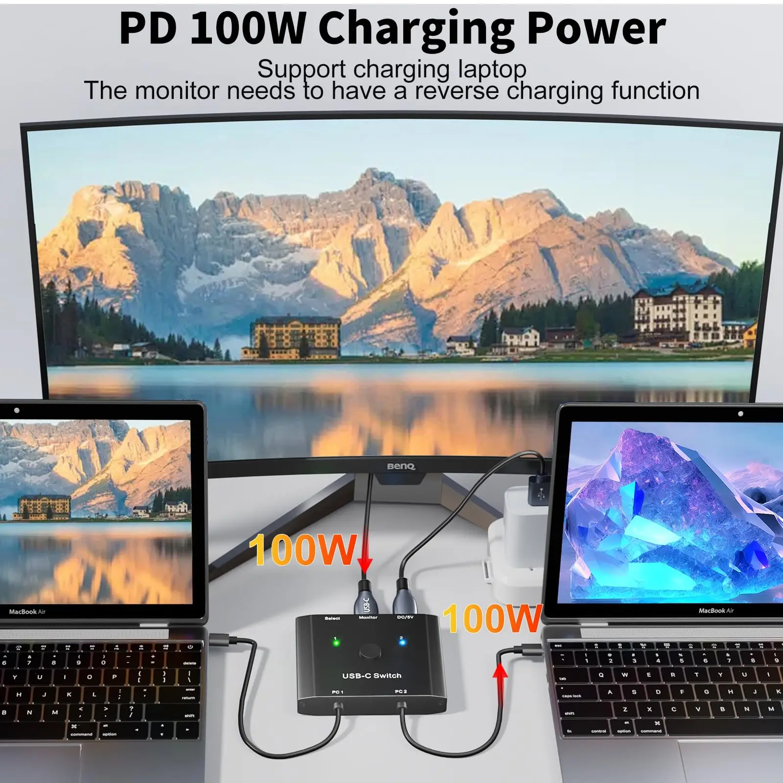 محول USB C 2 كمبيوتر، مفتاح KCEVE ثنائي الاتجاه USB من النوع C KVM 8K@60 هرتز 4K@120 هرتز فيديو/10 جيجابت في الثانية نقل البيانات/100 وات شحن