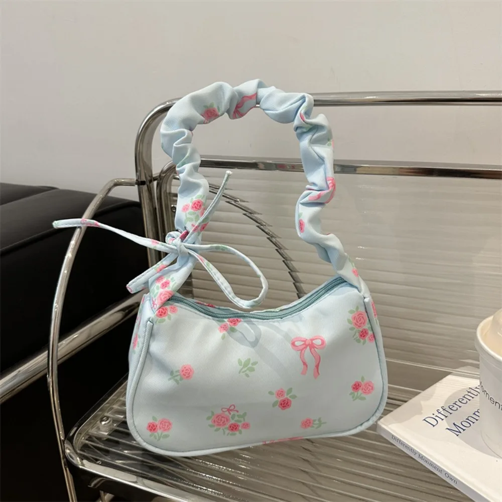 Korean Style Ruched Flower Pleated Underarm Bag Bowknot Handle Nylon Handbag Sweet Trendy Floral Shoulder Bag Woman