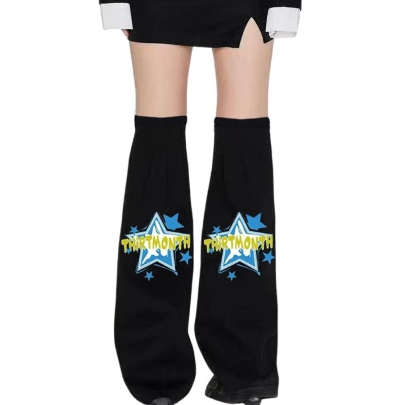 

Women's Over Knee Black Denims Leg Sleeves Star Letters Graphics Harajuku Punk Flared Leg Warmers Baggy Footless Socks