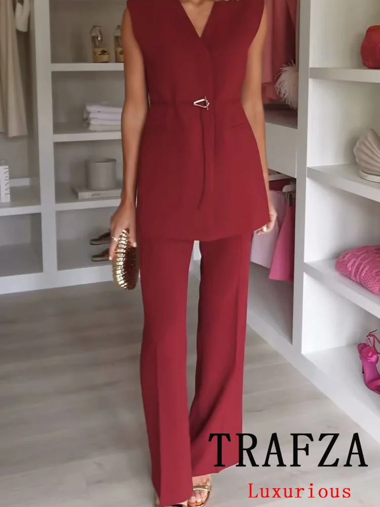 TRAFZA Vintage Chic Solid Women Suit V-Neck Sleeveless Single Button Belt Vest Straight Loose Pants Fashion 2024 Office Lady Set