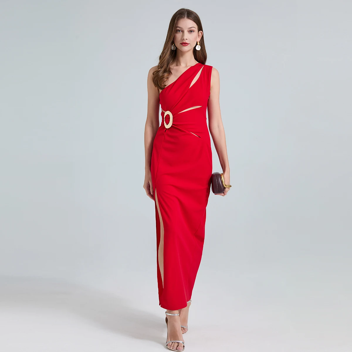 Elegant Sexy Women Diagonal Collar Sleeveless Split Party Long Clothes New Spring Red Hollow Out Metal Button Banquet Prom Dress