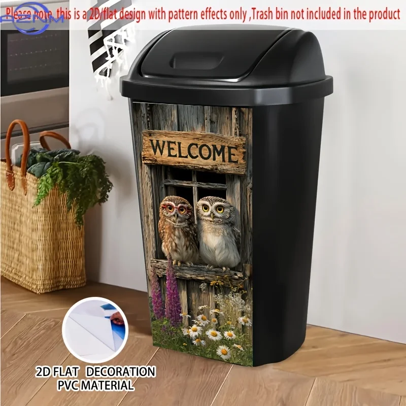 2D/FLAT, Welcome Owls Self-Adhesive Dustbin Stickers, 14.57×32.28 Inch, Two Rustic Window Ledge Owls with Flowers and a 