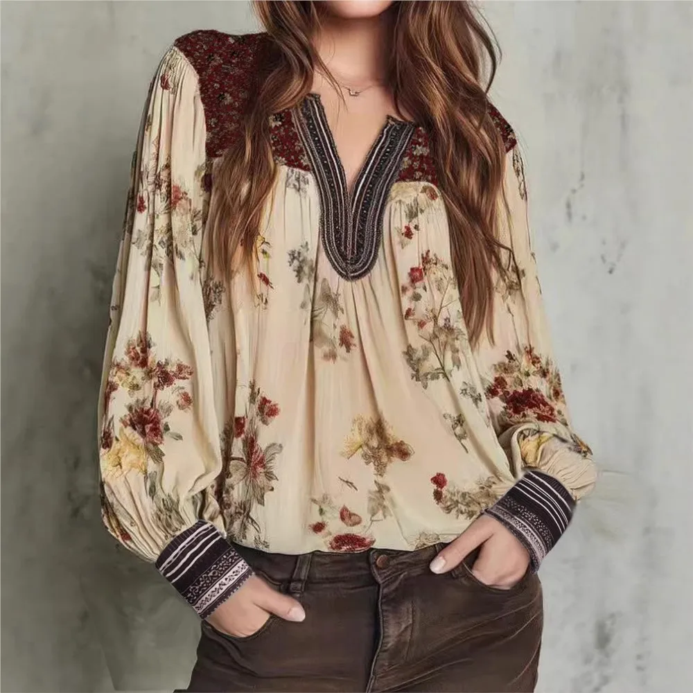 

2026 Spring Retro Women's T-shirts Long Sleeve Top T Shirt Tees Blusas Shirts Casual Lace Patchwork Printed V-link Loose Fashion