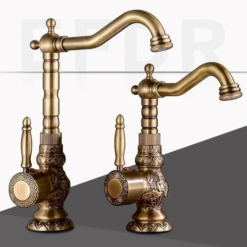 

Basin Faucet Antique Copper Brass Bathroom Carved Faucet Long Nose Spout Wash Sink Tap 360 Rotation Single Handle Mixer Tap