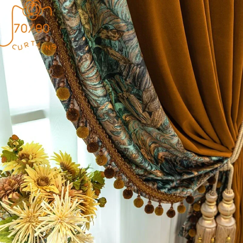 

American Oil Painting Printing Caramel Velvet Stitching Thickened Curtains for Living Room Bedroom French Window Customized