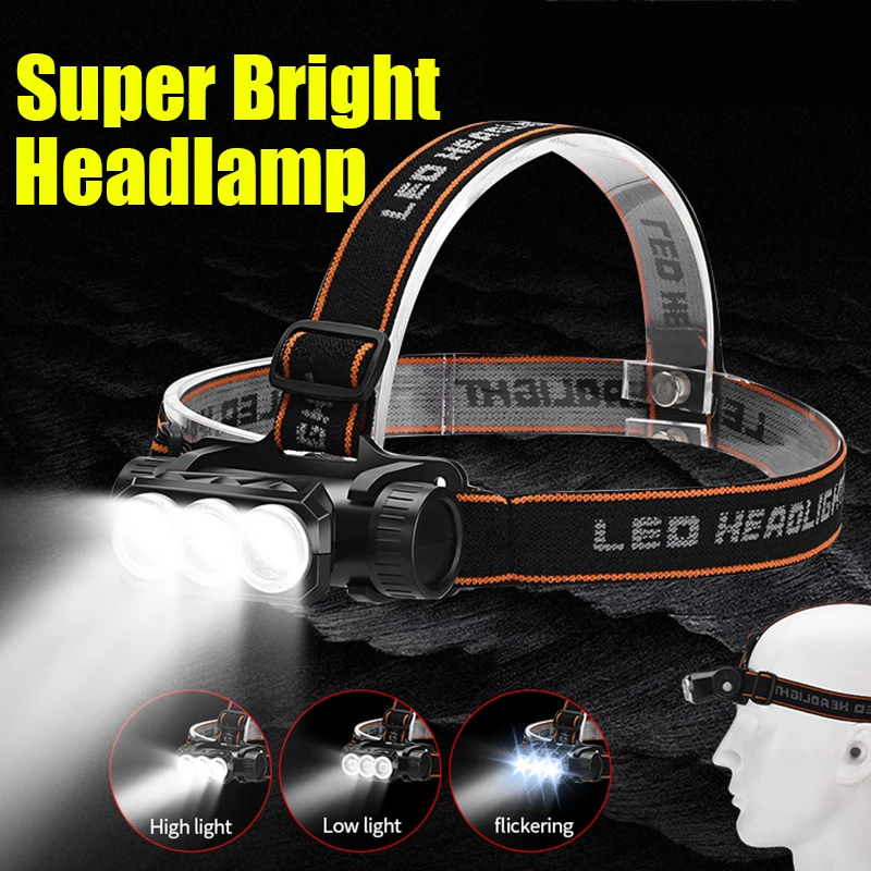 Super Bright LED Headlamp with Built-in 18650 Battery Head Flashlight Type-C Rechargeable Camping Night Fishing Headlight