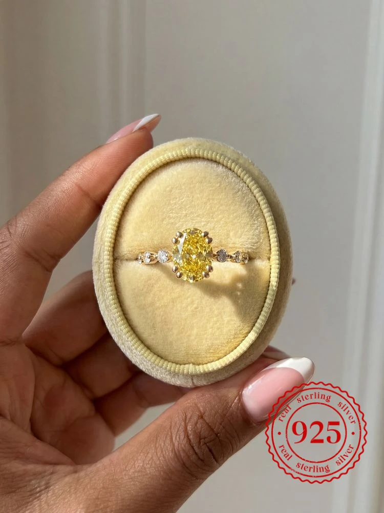 

925 Sterling Silver Classic Sparkling Yellow Oval Zircon Ring For Women Anniversary Wedding Party Daily Wear Luxury Fine Jewelry