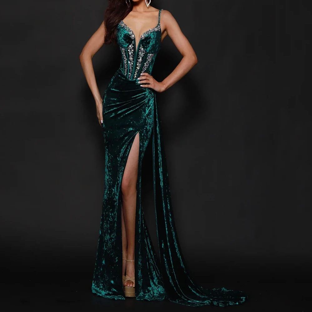 

Customized Mermaid Evening Dresses Floor-length Spaghetti Strap Sleeveless Prom Gown Fashion Sequined Simple Draped Party Gown