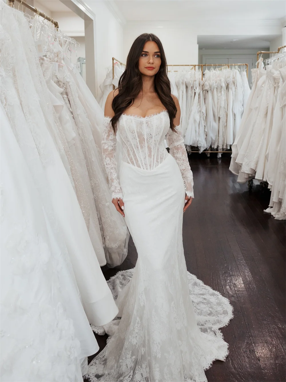 Tokyo Aangepaste Witte Zeemeermin Trouwjurken Strapless Elegante Afneembare Mouwen Bruidsjurken 2025, Hof Trein Bruidsjurken