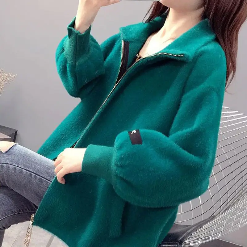 

2022 Spring Fall New Imitation Mink Velvet Jackets Women Clothing Turtleneck Sweater Loose Thick Knitted Cardigan Coats e375