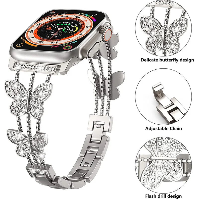 Metal Strap For Apple Watch Band Ultra 4mm 45mm 40mm 41mm 49mm Bling Butterfly Bracelet Chain for iWatch Series 9 8 7 6 5 SE 4 3