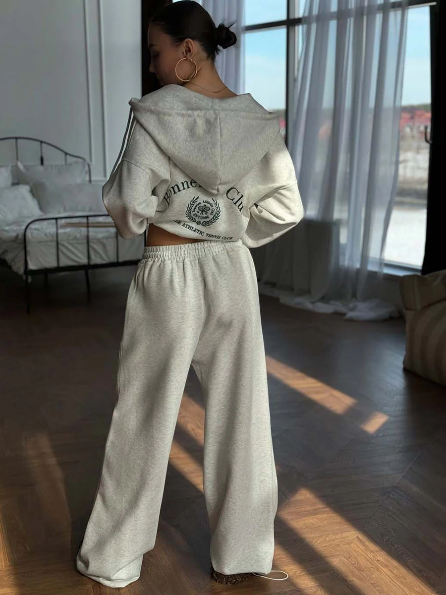 เย็บปักถักร้อย Sweatpants ชุดผู้หญิงแขนยาวซิป Hooded Sweatshirt แฟชั่น Drawstring ขากว้างกางเกงกีฬา 2 ชิ้นชุด