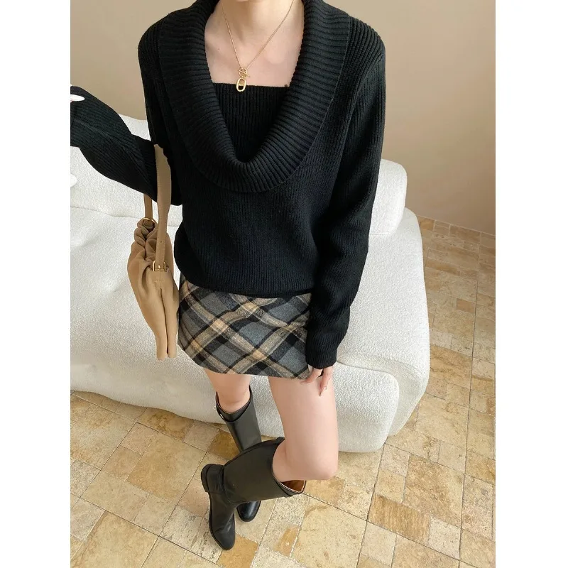 Damskie swetry dziergane, jednolite pulowery, swetry z okrągłym dekoltem, długi rękaw, lekko elastyczne, luźne, codzienne, do biura, jesień-zima 2025