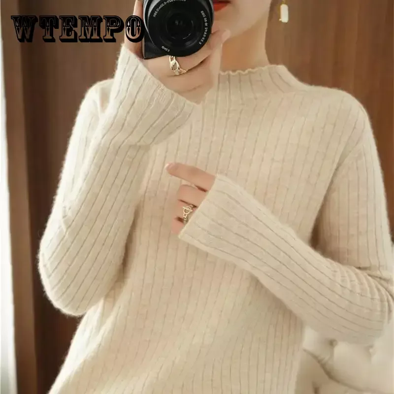 WTEMPO Winter Fall Sweater Women Half High Neck Knitwear Comfortable Girl Pullover Jumper Ladies Long Sleeve Knitted Sweater