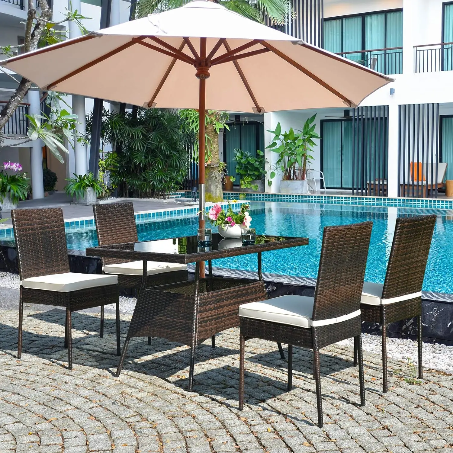 5PCS Patio Rattan Wicker Conversation Set,Outdoor Dining Table & Chairs w/Tempered Glass Table Top & Padded Cushions for Balcony